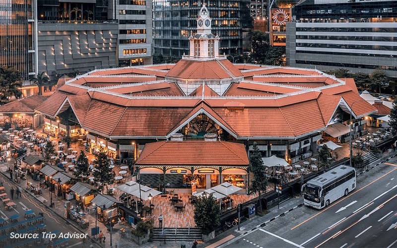 Lau Pa Sat food market in Singapore, a popular and budget-friendly spot for local cuisine.